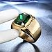 PMTIER Men's Stainless Steel Gold Plated Ring with Square Green Gem Stone Size 9