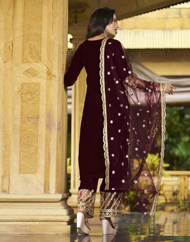 Image of SKYLEE Velvet Embroidery Straight Kurta Set with Dupatta