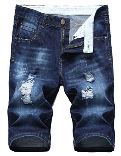 Lavnis Men's Casual Denim Shorts Classic Fit Distressed Summer Fashion Ripped Short Jeans Dark Blue 38