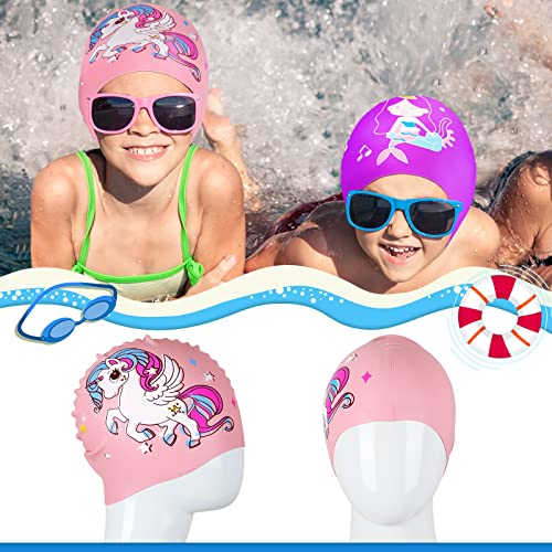 Geyoga 2 Pcs Swim Caps For Kids Girls Boys, Silicone Children Swim Cap Summer Swimming Cap Waterproof Cartoon Swimming Hat Pool Bathing Caps For Long And Short Hair, Pink And Purple #TOP6