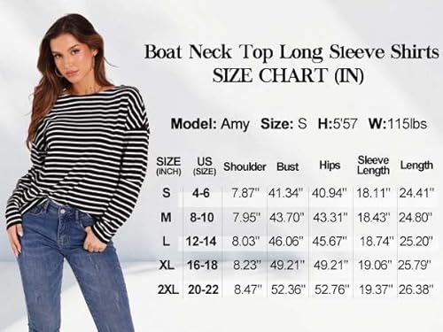 Ofeefan Long Sleeve Shirts For Women Striped Shirt Tunics Boat Neck Loose Fit Shirts Red And White Striped Shirt Women M thumb #4