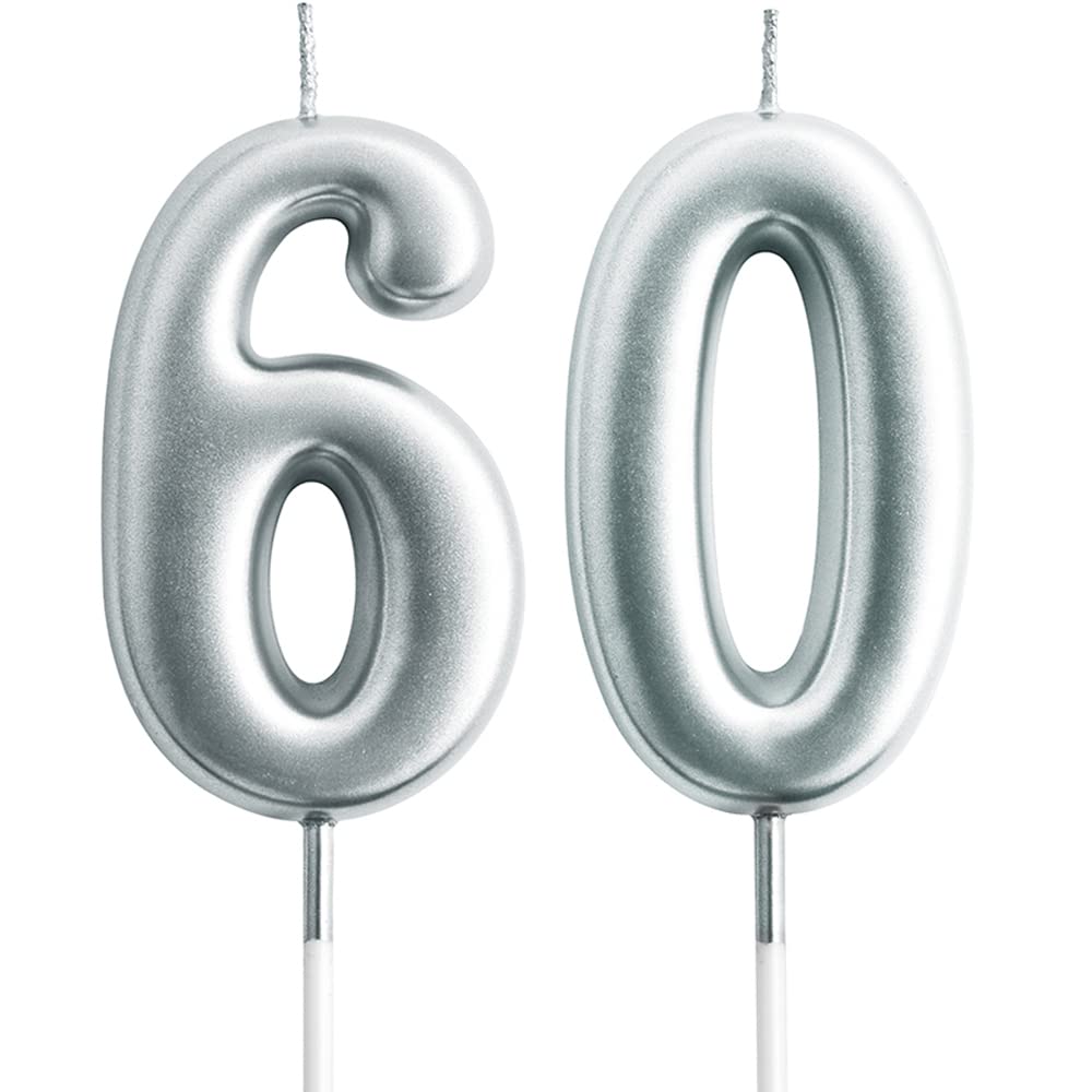 Eusbon Number 60 60Th Candle For Cake Decoration, Birthday Candle For Birthday Party, Wedding Anniversary, 7Cm Silver Big Size Number Candles