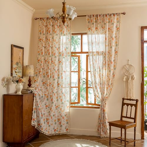Image of MYSKY HOME Floral Boho Linen Curtains 84 inch Long 2 Panels Set Farmhouse Vintage Orange Printed Semi Sheer Light Filtering Spring Window Drapes With Tassels Back Tab for Living Room Bedroom, W50 inch