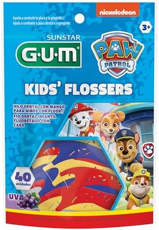 Flosser GUM Patrulha Canina, Fio Dental Infantil com haste, Sabor Uva, 40 unid., Gum, Sortidas