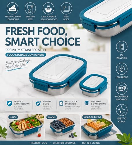 Image of CULINARY CRAFTS Stainless Steel Tiffin Lunch Box Container /Dabba with 4 Side Clip Lock Lid for Office & School Use /Food Grade /Air Tight /Easy to Carry /Leak Proof(900ml 1pc + 200ml 1 Pc) Blue
