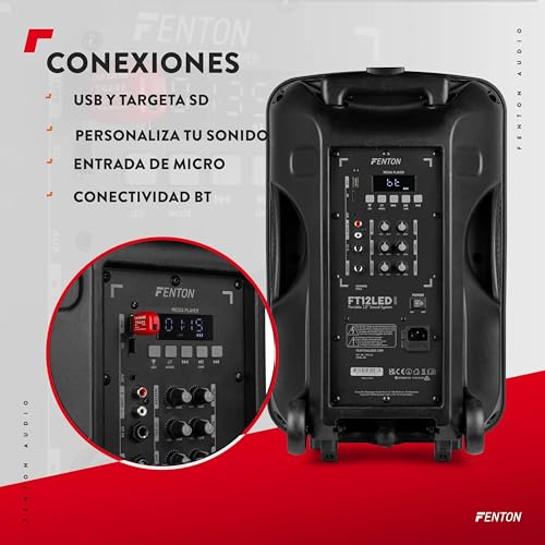 Fenton FT12LED MK2 - Altavoz portátil 700W con Bluetooth, micrófono inalámbrico, batería Recargable, Luces LED, USB, SD, AUX, emparejamiento estéreo, asa con Ruedas y Montaje en trípode - imagen 4