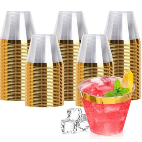 シャンパングラス 使い捨て 香?杯一次性 ゴールドプラスチック Cutdred 9 オンス 透明プラスチックカップ タンブラー ゴールド縁付き 使い捨て ウェディングカップ エレガントなパーティー の縁付き (50個,ゴールデン)