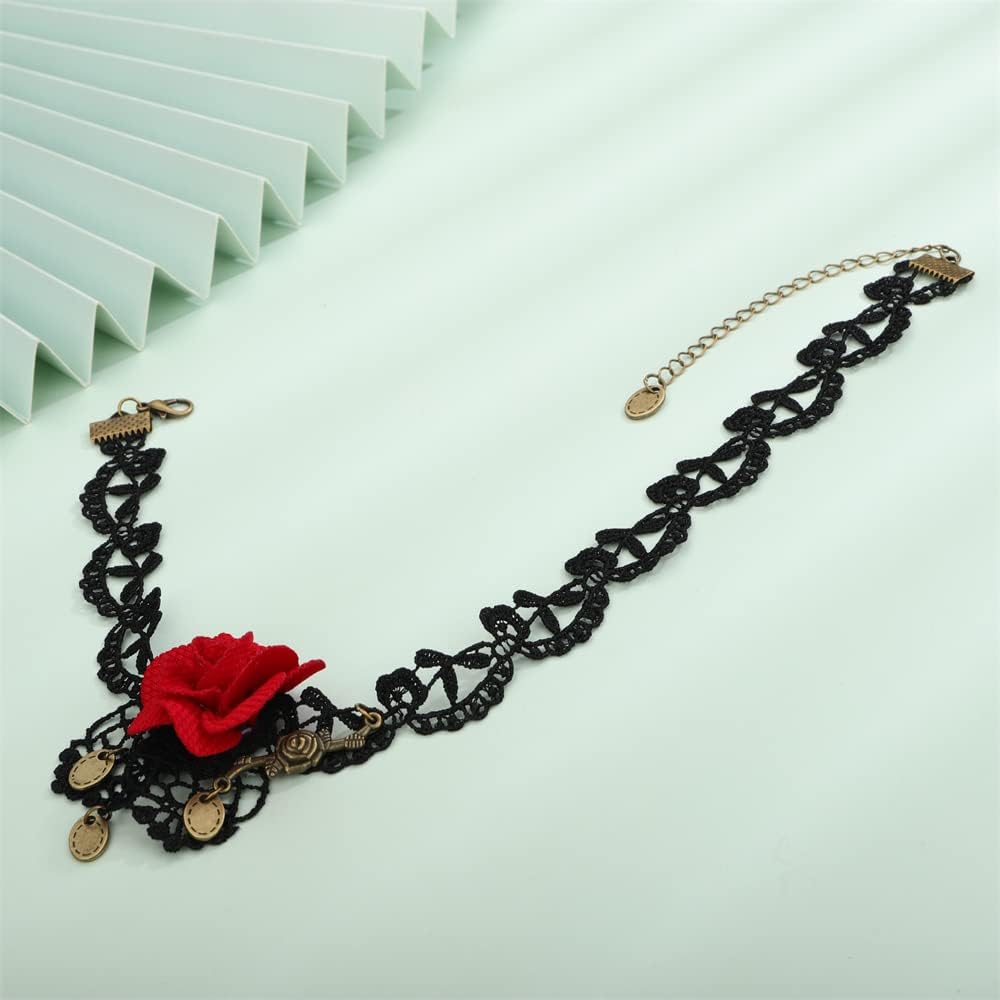 Sither Women Halloween Choker Necklace Red Rose Black Lace Gothic Necklace for Halloween Punk Costume Party Vampire Choker for Gift - Image 4