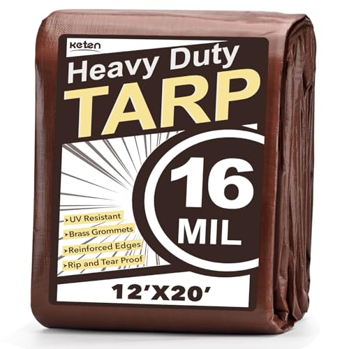 Keten Tarps Heavy Duty Waterproof 12X20 Feet, Extra Thick 16 Mil, Tear & Fade Resistant, 100% UV Blocking, Outdoor Tarp with Reinforced Grommets for Roof, Camping, Patio, Pool, Boat (Brown/Silver)