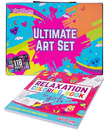 GirlZone Bundle: Ultimate 118 Piece Art Set for Girls with Carry Case & Unicorn & Mermaids Coloring Book for Girls 4-10 Years, Great Gifts for Girls