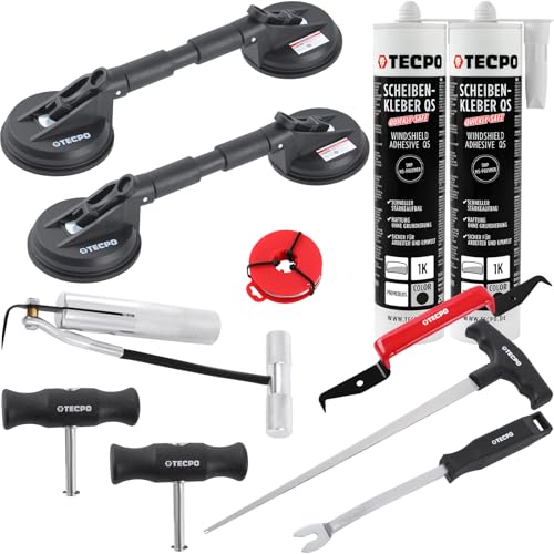 TECPO Kit de montage pour pare-brise, outil de réparation de vitre de voiture, démontage de vitre, 2x ventouses doubles, 2x colle pour vitre Quickly-Safe, 290ml de...