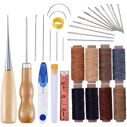 JUAYING 33 Pieces Leather Sewing Kit, Leather Sewing Kits with Leather Waxed Thread and Needles, Stitching Kit with Leather Craft Hand Tools Kit for Leather Upholstery Carpet Canvas DIY Accessories Cover