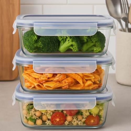 KIT 3 Potes Vidros Retangulares Herméticos Marmitas 4 Travas 640 ML