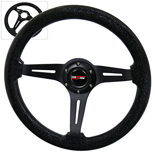 AJP Distributors Universal 345mm 6 Bolt Hole Deep Dish Black Wood Grain Metallic Sparkling Flakes Light Weight 3 Spokes Streak Design Steering Wheel Jdm Godsnow Horn Button Upgrade Drifting Track Drag