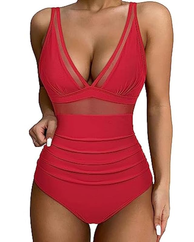 ZDHOBA Bañador de Una Pieza Mujer Reductores Vientre Plano Traje De Baños De Malla Cuello en V Sexy Bañadores Push Up Acolchado Ropa de Baños