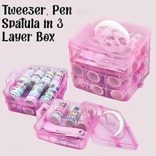 Image of Washi Tape Set - 100 Pcs Decorative Designer Tapes + 20 Kawaii Stickers, Tweezer, Pen, Spatula in 3-Layer Storage Box | Masking Tapes for DIY Crafts, Journaling, Scrapbooking (MODEL 1)