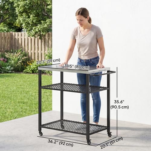 Outsunny Outdoor Grill Cart with Stainless Steel Tabletop for Kitchen Prep, Two-Shelf Pizza Oven Stand, BBQ Stand, Movable Food Prep Table on Wheels, Black — view 6