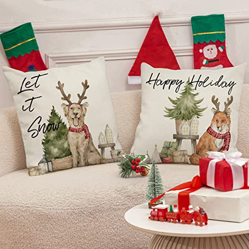 Anydesign Christmas Pillow Covers 18 X 18 Inch Farmhouse Dog Cat Reindeer Throw Pillow Case Vintage Watercolor Animal Xmas Tree Cushion Case Holiday Cushion Cover For Home Bed Sofa, 4Pcs #TOP2