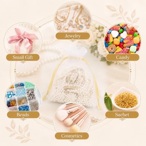 Image of ANZNKU 50 Pack Organza Bags 5 x 7 in White Small Mesh Gift Bags with Gold Drawstring for Wedding, Goodie Bag for Candy Jewelry Soap Makeup, Treat Sachet Pouch for Baby Shower Graduation