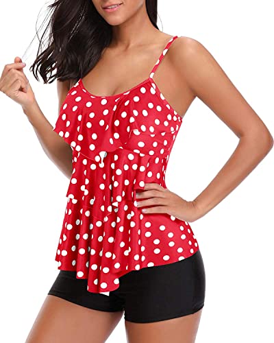Holipick Women Red Polka Dot Tankini Swimsuits Two Piece Tummy Control Bathing Suits Ruffle Swim Tank Top With Boy Shorts Swimwear Xl #TOP14