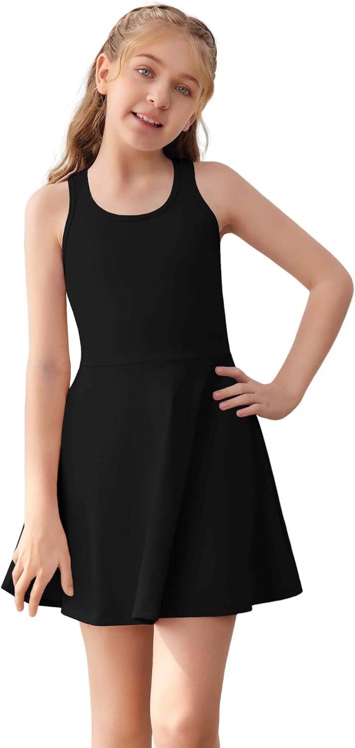 Haloumoning Vestido de tenis para niña, vestido de golf, sin mangas, espalda cruzada, ropa para niños, vestido deportivo con pantalones cortos y bolsillos