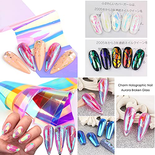Jerclity 10 Rolls Gradient Aurora Glass Paper Nail Art Sticker 3D Holographic Aurora Glass Reflective Mirror Shard Effect Rainbow Thin Iridescent Cellophane Films Foils Nail Art Decor #TOP3