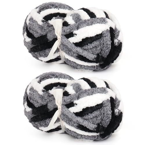 Image of Aeelike Chunky Yarn for Blanket,Jumbo Chenille Yarn for Beginners Knit,2PCS | #10 Giant Chenille Yarn,Soft Thick Yarn for Easy Hand Knitting Crocheting,Tie Dye Mixed Black White Grey,28yds /8oz Each Skein