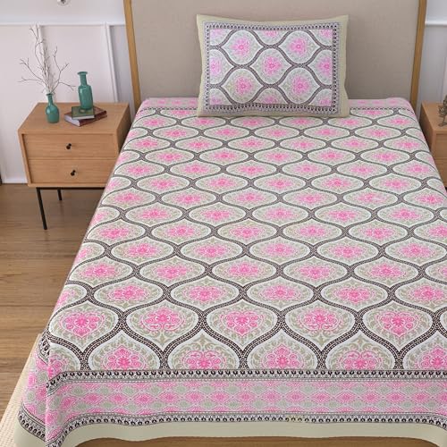 Image of 100% Cotton Single Bedsheet with 1 Pillow Cover | 240 TC Pure Cotton Flat Bed Sheet | Traditional Jaipuri Printed Bedding Set | Soft & Breathable | 60 x 90 Inch (Rangmahal Single 13)