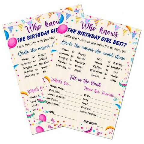 RokAPary Who Knows The Birthday Girl Best Game, Themed Birthday Party Ideas, Fun Game For Sleepover, Play Pack of 30 Cards 5”x7”. Made in USA Cover