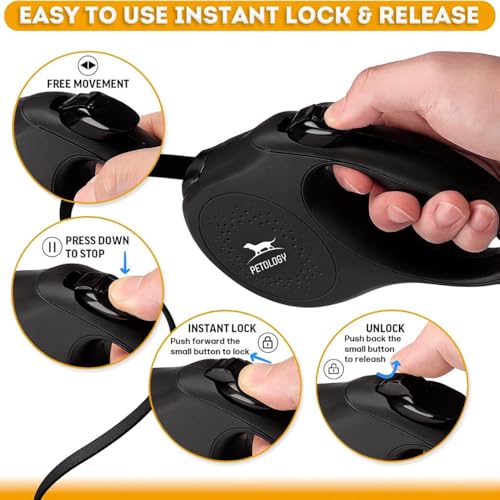 Image of Petology Retractable Dog Leash | 5 Meter (16ft) Nylon Tape | for Dogs Upto 25kgs | Heavy Duty Rope, 360 Tangle-Free, One-Hand Brake & Lock System, Anti-Slip Comfortable Grip