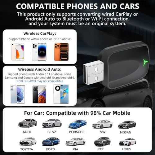 Image of Wireless Carplay Adapter, Android Auto for Car, 2 in 1 Convert Wired to Wireless, Plug & Play with 5G WiFi ＆ Bluetooth 5.0, Compatible with iPhone /Android for 98% Vehicles (Black)