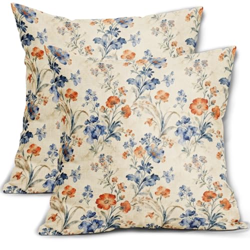 Blue Orange Fall Floral Pillow Covers 18x18 Inch Set of 2 Vintage Flowers Autumn Harvest Thanksgiving Decorative Throw Pillowcases Seasonal Farmhouse Outdoor Cushion Cases Sofa Couch Bed Decor
