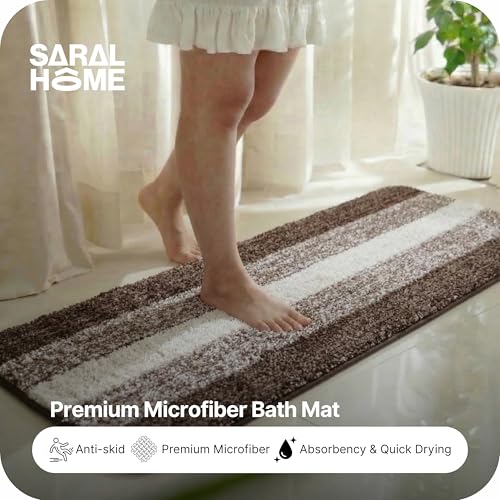 Image of SARAL HOME EASY LIVING Microfiber Striped Rectangle Anti-Skid Runner|Soft & Super Absorbent, Washable Multipurpose Bedside Runner for Home /Kitchen /Lobby /Office Entrance, 50X100 CM|Pack of 1 (Brown)