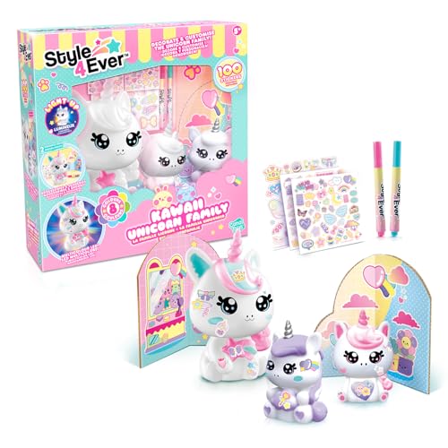 Canal Toys - Style 4 Ever - A família unicórnio, figuras da mãe unicórnio luminoso e seus dois bebés que brilham no escuro para decorar, deco bricolage com decorações e acessórios - OFG 287