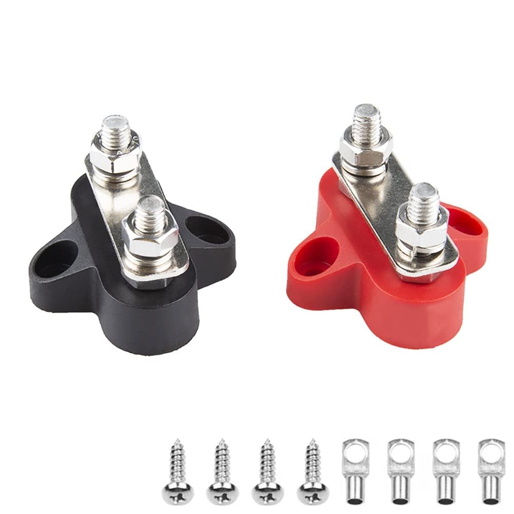 Zodazoqa 2 pcs Bus Bar Terminal Block Power Stud Insulated Battery Junction Post Terminal Block Set M8 Dual Studs w/Bus Bar, Max 48V DC 80 Amp for Auto Car Marine Boat, Red & Black Set