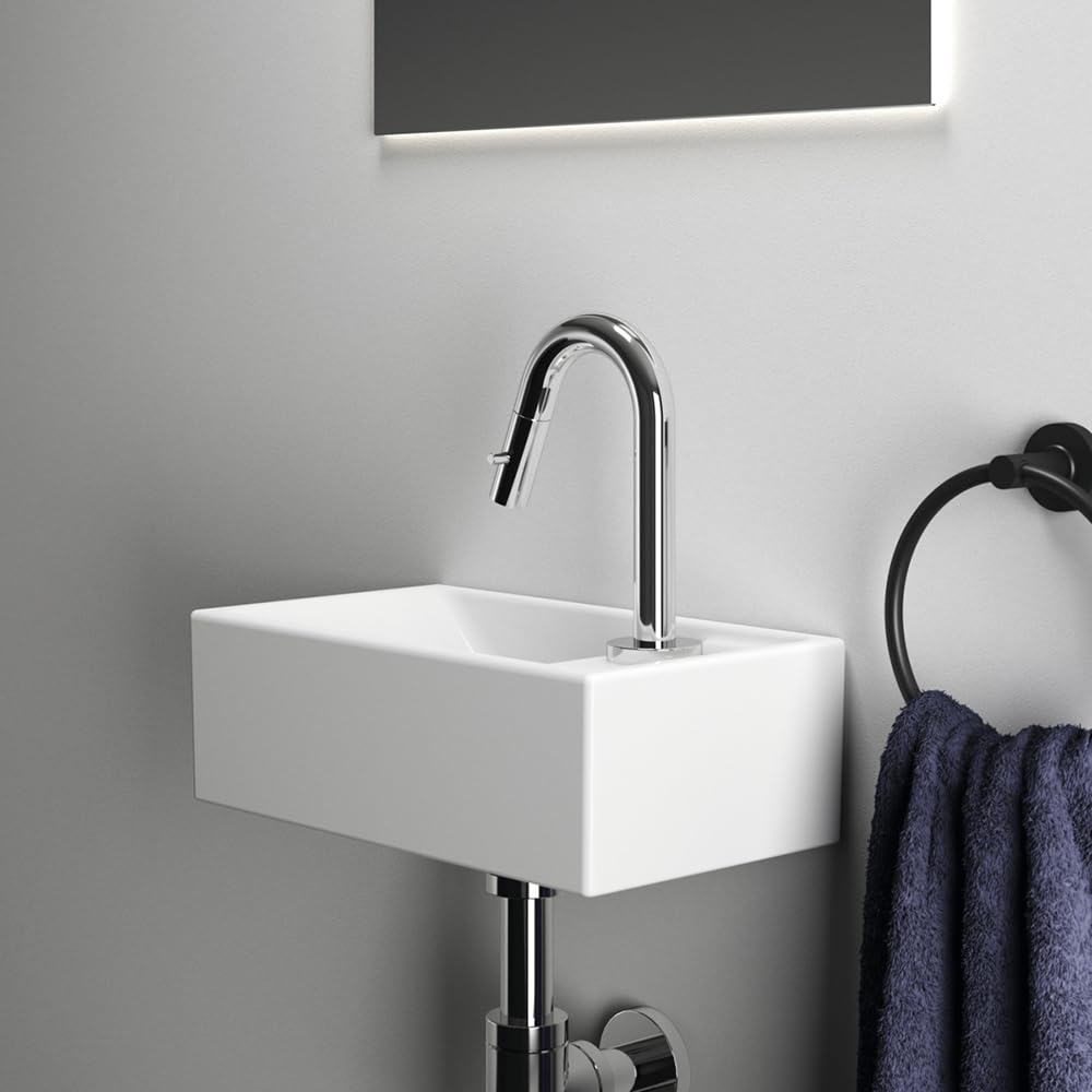 Ideal Standard I.LIFE TEMPO, Lave-mains pour Salle de bain ou Toilettes, 37 x 21 x 11 cm, Fixation Mur ou Meuble Ilife, Céramique, Percé à Droite, Trop-Plein, Blanc, E211201