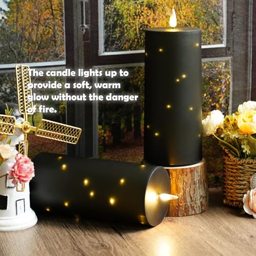 Image of kakoya 10 inch x 4 inch Large Outdoor Waterproof Flickering Flameless Candles with Timer,2Pcs Battery Operated LED Pillar Candles with Embedded Star String for Outdoor Lanterns,Porch,Patio Decor(Black)