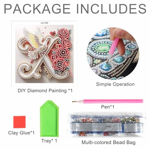 Image of AiYuanzsh 5D Diamond Art Kits for Adults Letter X, Rose & Dove Alphabet Special Shape Diamond Dots Painting, DIY Rhinestones Gem Art Craft for Home Decor and Valentine's Day Gift 17x17cm