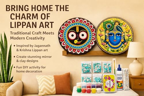 Image of 8inches shrinathji lippan Art Materials DIY kit with 2 pcs 8 inches lippan MDF Board Gold Decorative Mirrors lippan Art kit for Kids Adults wall Decoration for Home Decor