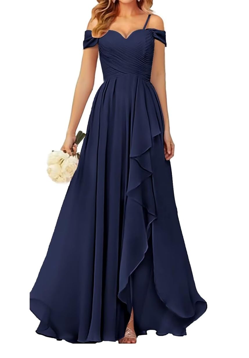 WSEYU Off Shoulder Bridesmaid Dresses for Wedding Chiffon Prom Dresses Long Formal Evening Gown with Slit Navy Blue UK12