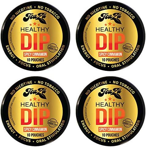 TeaZA Herbal Energy Pouch Spicy Cinnamon Flavor, Nicotine Free, Tobacco Free Pouches Smokeless Tobacco Replacement, Made with Green Tea Energy Dip Pouches (4 Pack)