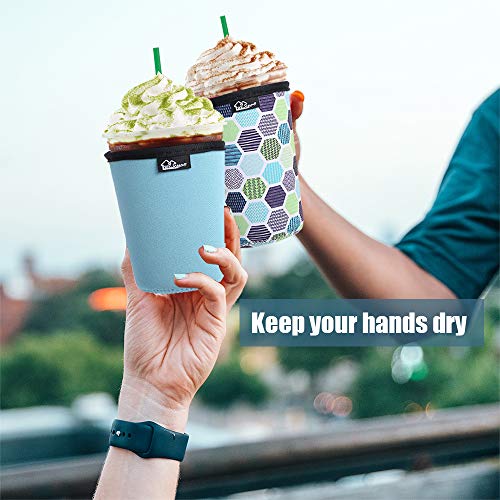 Image of Reusable Iced Coffee Insulator Sleeve for Cold Beverages and Neoprene Cold Coffee Cup Sleeves Cooler Cover 16-24OZ for Coffee Cups, McDonalds, Dunkin Donuts, More (Green geometric)