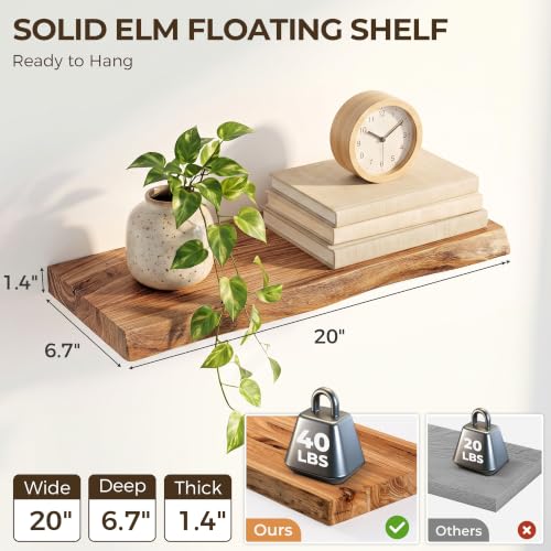 Image of Live Edge Elm Floating Shelves - 20 In Rustic Solid Wood Shelves with Heavy-Duty Invisible Bracket, Wall-Mounted Wooden Shelf for Living Room, Bathroom, Kitchen Storage & Display, Set of 2, Natural
