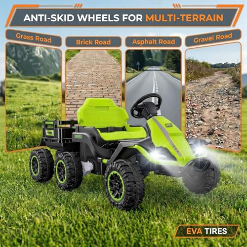 Image of Hikole 24V Ride on Toys Tractor for Kids 3+ w /Trailer, Electric Car, Green