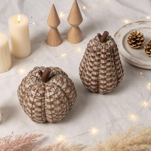 Image of winemana 2 Pack Fall Pumpkin Decor, Woven Resin Pumpkins for Indoor Home | Distressed Finish, Rustic Farmhouse Style, Artificial Pumpkin for Table Centerpiece Mantel, Thanksgiving Autumn Decorations