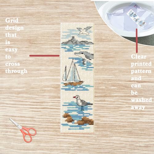 Image of FREEBLOSS 6 Set Cross Stitch Bookmark Kit Stamped Cross Stitch Kit Ocean View Theme Embroidery Set with Instruction for Adults 8''*2.4''