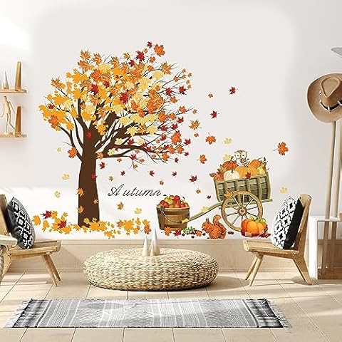 Fall Thanksgiving Wall Sticker Maple Leaves Wall Decals Autumn Harvest Pumpkins Wall Sticker Cute Animals Wall Art Decor for Thanksgiving Party Living Room Cover