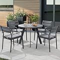 Soleil Jardin 5 Piece Outdoor Dining Set, Aluminum Patio Furniture Dining Set with Round Dining Table w/Umbrella Hole and 4 Stackable Chairs w/Cushions for Yard, Garden, Porch and Pool, Dark Gray