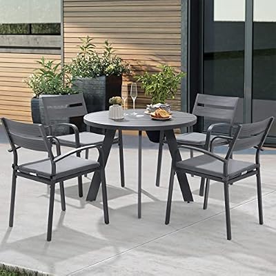Soleil Jardin 5 Piece Outdoor Dining Set, Aluminum Patio Furniture Dining Set with Round Dining Table w/Umbrella Hole and 4 Stackable Chairs w/Cushions for Yard, Garden, Porch and Pool, Dark Gray