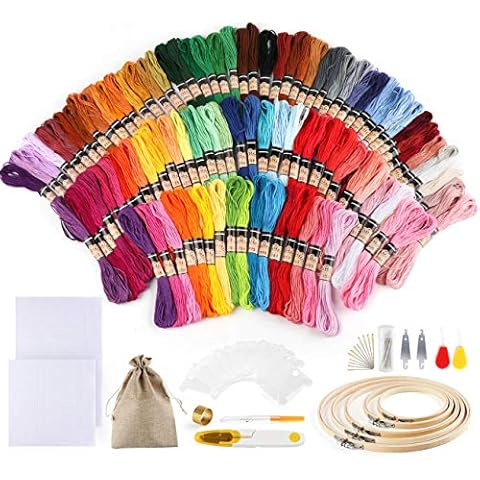 Lemonfilter Embroidery Floss Cross Stitch Kits, 100 Skeins Thread Rainbow Color Friendship Bracelets String with 5 Pieces Bamboo Embroidery Hoops and 2 Pieces Cloth Cross Stitch Tool Kits Cover